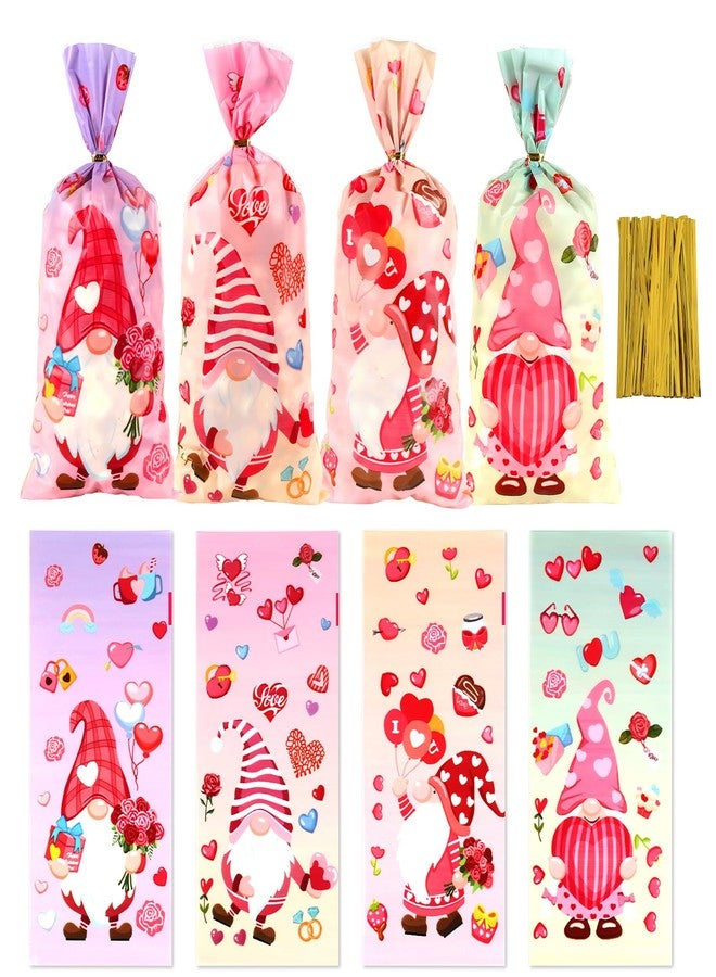 ldyllicStyle Valentines Treat Bags, 100 PCS Valentine Cellophane Goodie Candy Cookie Gift Bag, Valentine's Day Plastic Goody Snack Bags with Twist Ties for Gifts Wrap Holiday Party Favors 11 x 4.8 Inch (4 Styles) - Image 1